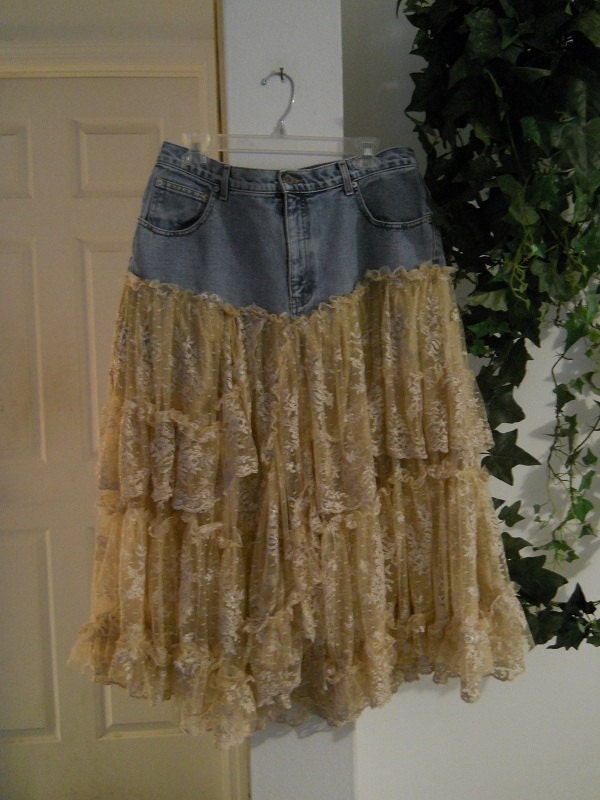 Belle Bohémienne jean skirt exquisite vintage lace ruffled  frilly frou frou embroidered fairy Renaissance Denim Couture