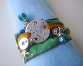 Hand Stamped - Hand Dyed Silk Ribbon Bracelet - Beach Therapy with Glass Beads and Initial Starfish Charm