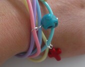 Pastel Stacker Gummy Bracelets Howlite Turquoise Skull,Red Cross  and AcrylicPurple  Peace Charms