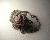 Vintage Style Antique Brass Layered Ornate Resin Rose Cabochon Bracelet-Custom Colors