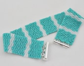 Peyote Bracelet, Aqua and White Wave Beaded Bracelet, Fashion Jewelry, Hand Woven Cuff with Silver Clasp