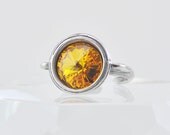 Bright Sunflower Yellow Rivoli Ring, Swarovski Crystal Cocktail Ring, Adjustable Band Sizes 6 - 9, Round Ring, Silver Setting