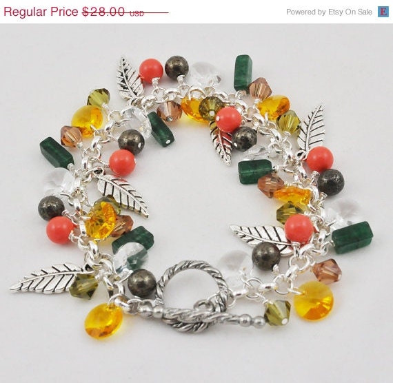 SALE 15% OFF Autumn Leaves Beaded Bracelet, Fall Leaf Charm Bracelet, Colorful Swarovski Crystals, Pyrite, Green Aventurine Gemstone, Coral