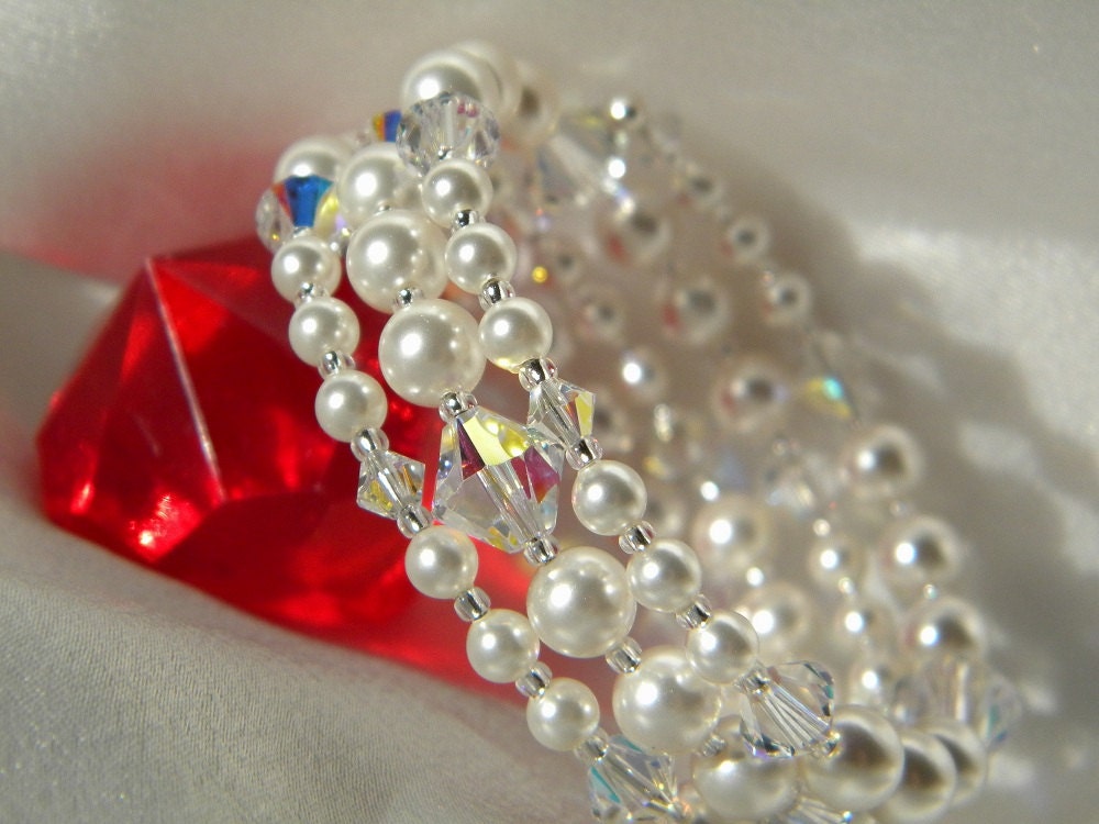 Clear AB swarovski crystal and pearl bracelet memory wire, bridal, bride