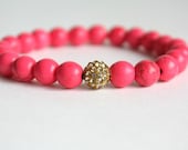 Hot Pink Stone Stretch Stacking Bracelet with Gold Pavé Crystal Bead Bohemian Jewelry