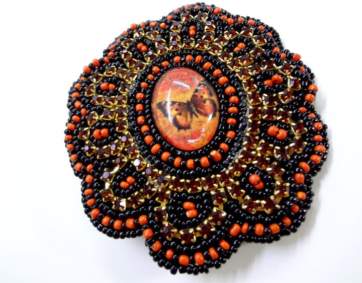 Orange and Black Rhinestone Hair Clip with Glass Butterfly Cabochon - MegansBeadedDesigns