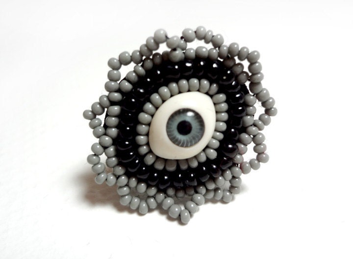Fantasy Eye Ring in Grey and Black Beaded with an Adjustable Band