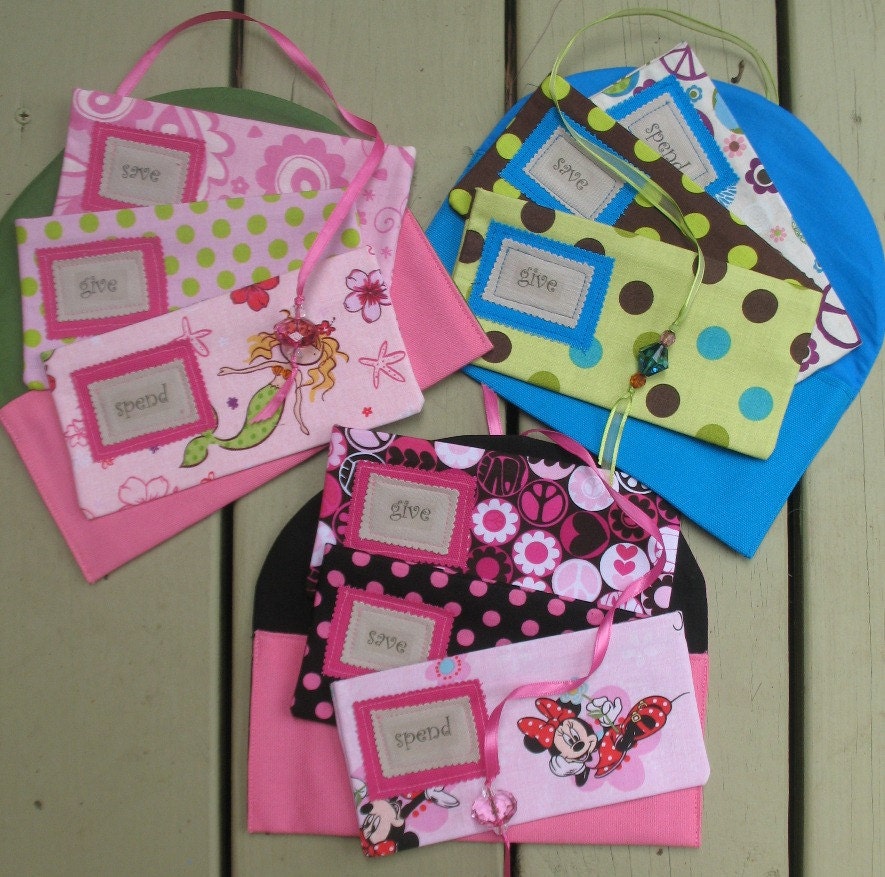 GiVe  SaVe  SpEnD -  Basic Saving Plan for Children - THREE Designer Envelopes with Velcro and CARRIER//Custom Fabrics