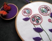Flowers in Bloom - multicolored hand-embroidered hoop art in 8 inch hoop with Butterfly in 3" hoop.