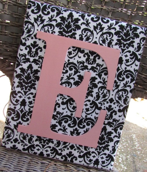 Wall Letters, 11x14, Black Damask, Black and Pink Nursery Letters, Framed Monogram, Painted Letters, Wood Letters, Personalized, Monogram