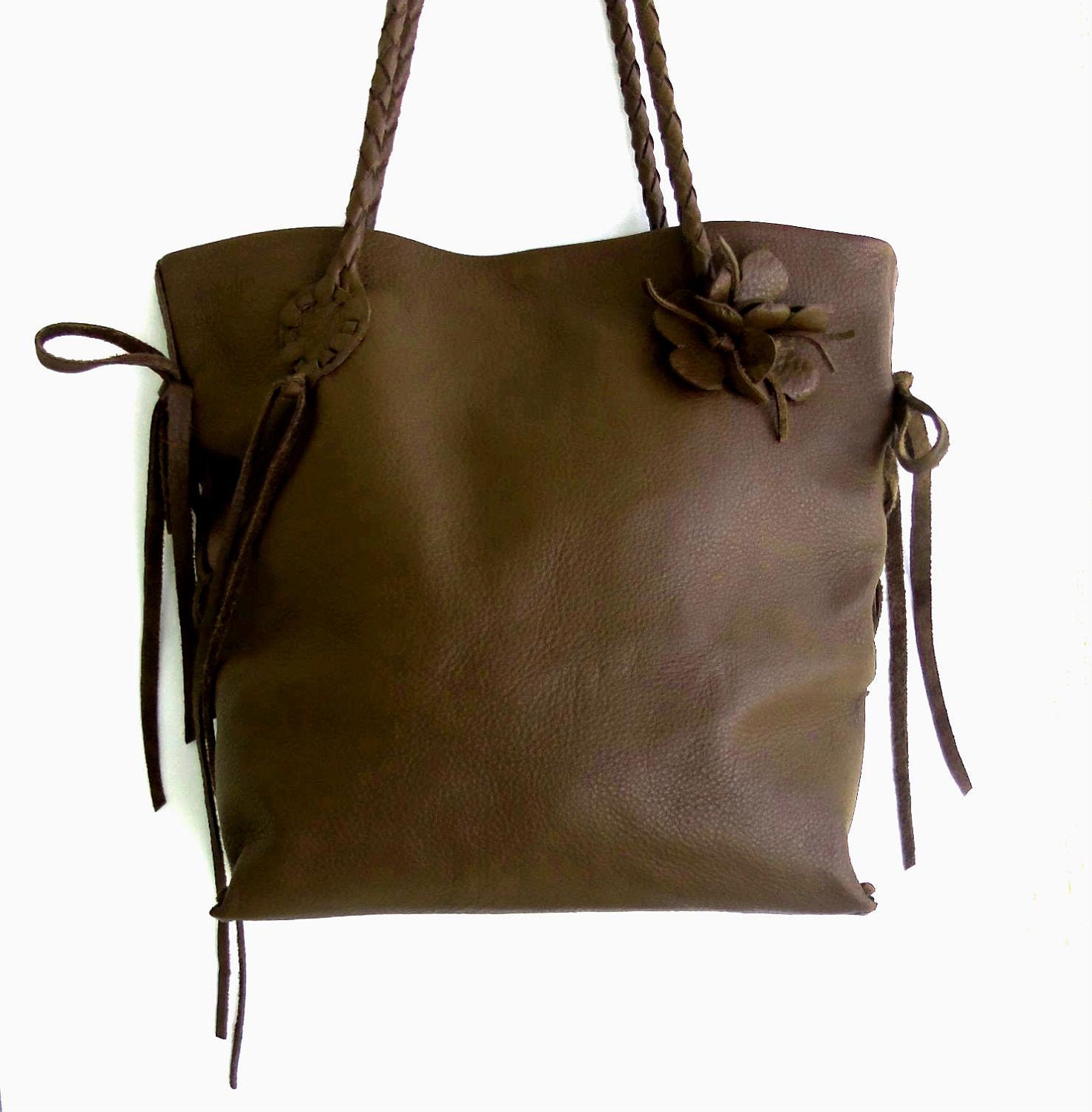 brown leather handbag, tote, convertable with braided strap, flower and leaf  by Tuscada. Made to order