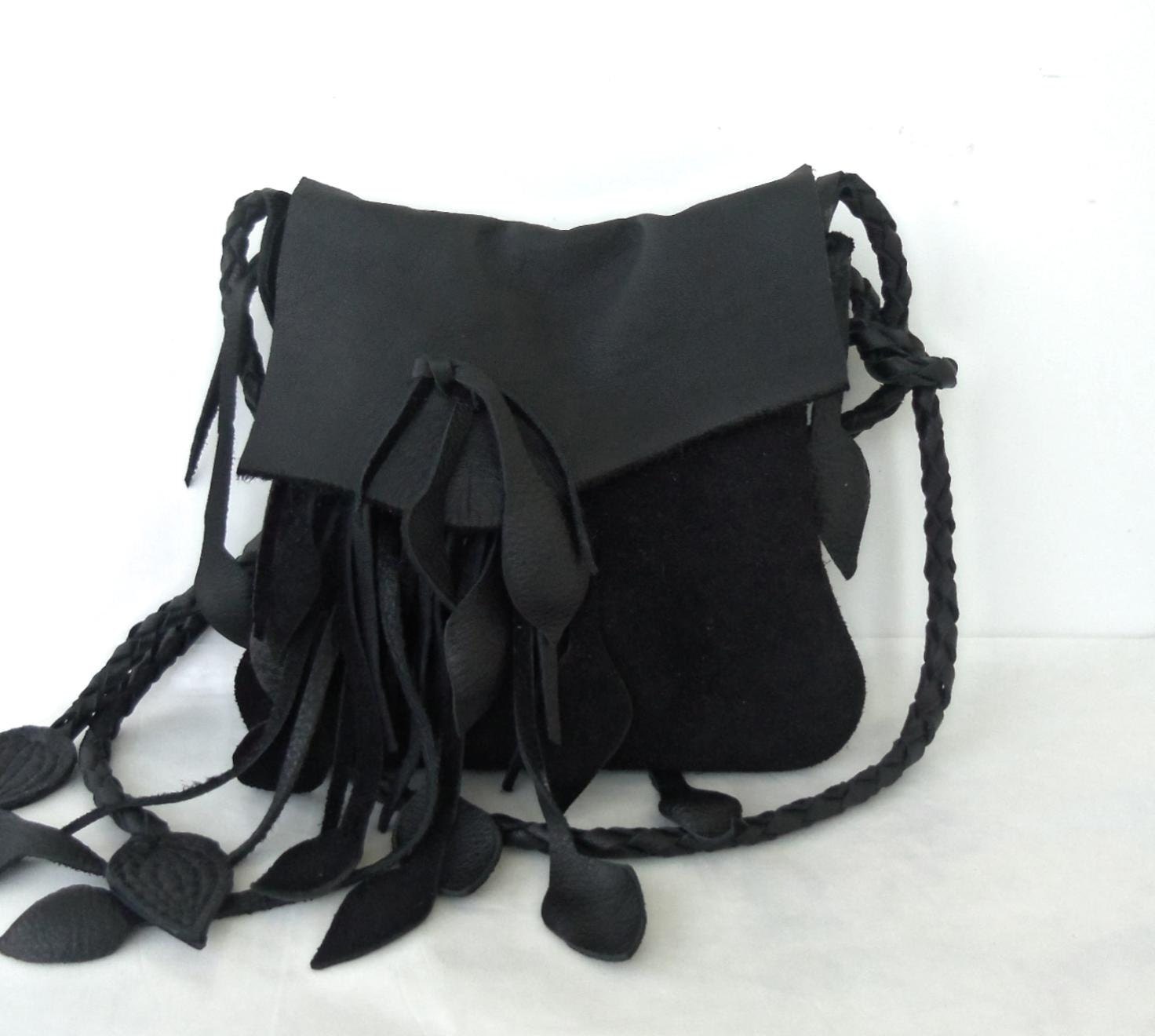 black leather suede handbag, messenger with, leaves and fringe, by Tuscada. Made to order.
