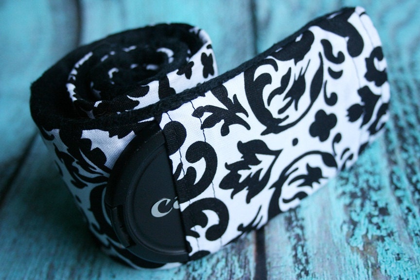 Camera Strap Cover with Lens Cap Pocket - White/Black Damask - Black Padded Minky- MADE TO ORDER