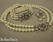 Complete Bridal Set -Double 2 Strands Pearls Necklace - 3 Strands glass pearl Bracelet and Earrings in ivory wedding jewelry sets