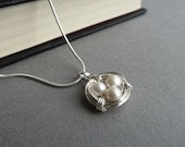 White Freshwater Pearl Bridal Jewelry - Ivory Pearl and Sterling Silver Wire Wrapped Nest Pendant Necklace - Wedding Jewellery