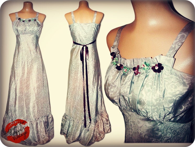 Vintage 30s SILVER Gray Moire Taffeta Empire Waist Gown SILK Velvet Flowers Formal Dress VICTORIAN