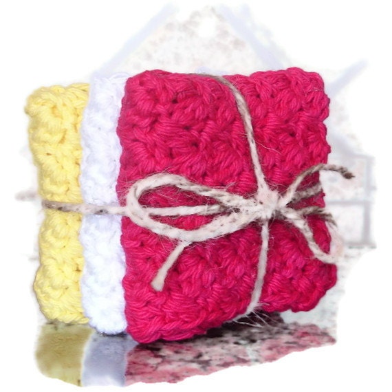 Crochet Wash Cloth - 100% Cotton in Yellow, White, and Pink - or choose your own combination dish cloths