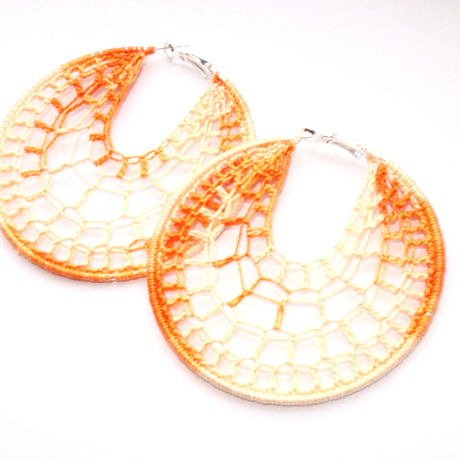 Christmas gift for her, Crochet hoop earrings, Crochet Hoop Earrings, Silver Plated Drop Earrings, Boho Womans Accessory, Orange