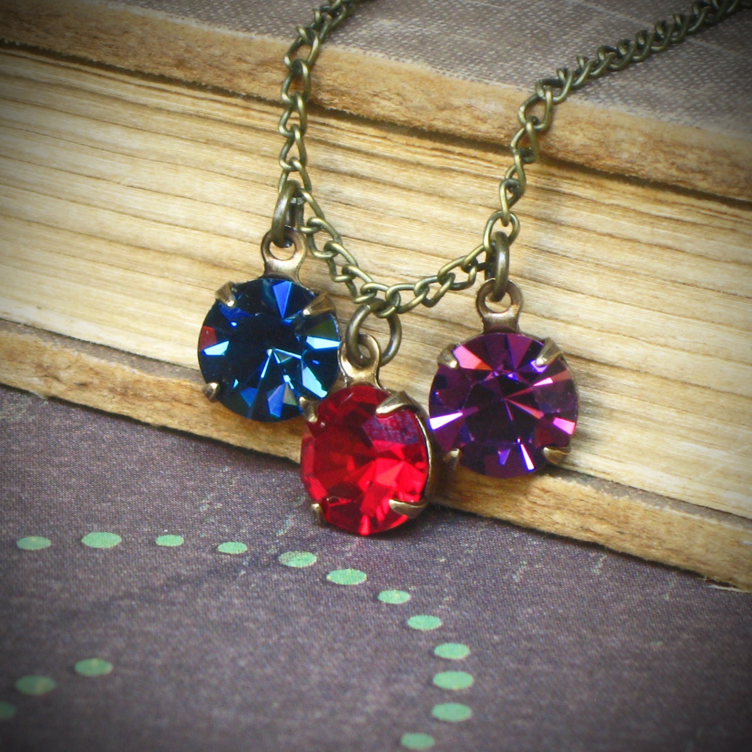Family Tree Charm Necklace, Rhinestone, Birthstone, Personalized, Three Stone