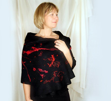 Black Red Felted Wool Shawl Wrap Scarf. Gift under 100