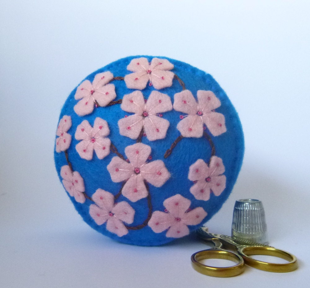 Pale pink cherry blossom flower pin cushion recycled felt made to order