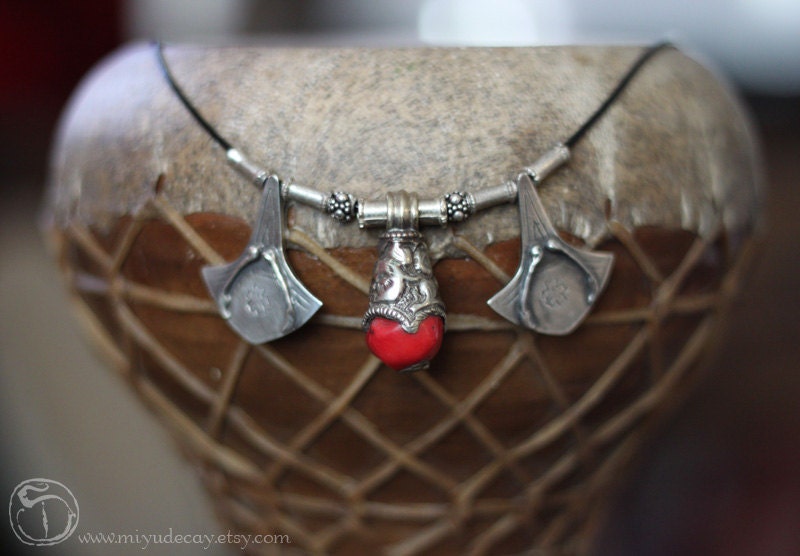 One of a Kind Sterling Palmier Necklace with Red Tibetan Bead
