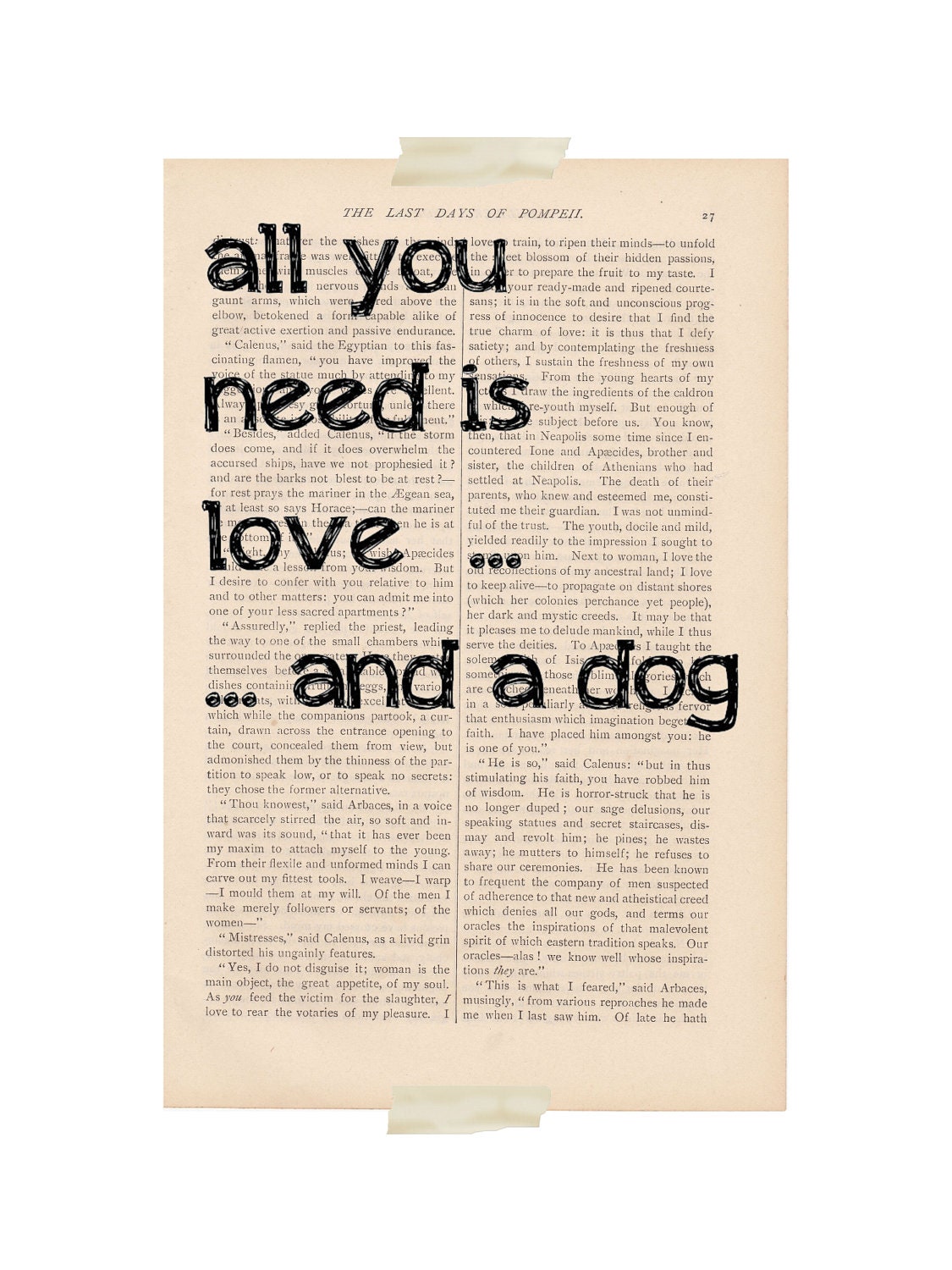 love quote art print - All You Need is Love and a Dog - dictionary print recycled book