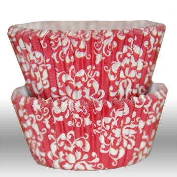 Damask Red GREASEPROOF Baking Cups Cupcake Liners - Quantity 50