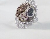 Steampunk Cameo Ring Recycled  Rings Women Upcycled Jewelry Neo Victorian Watch Movement Edwardian Cogs Gears Adjustable Filigree 17 jewels