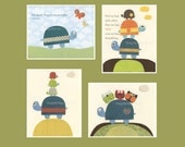 Baby boy room Nursery wall art print Baby Room Decor turtle baby owl ..set of 4 8x10, navy blue, teal, orange, green