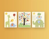 Baby room art, Nursery wall art, Children Artwork, set of 3 8x10, PBK, jungle friends nursery, yellow, blue, green, orange