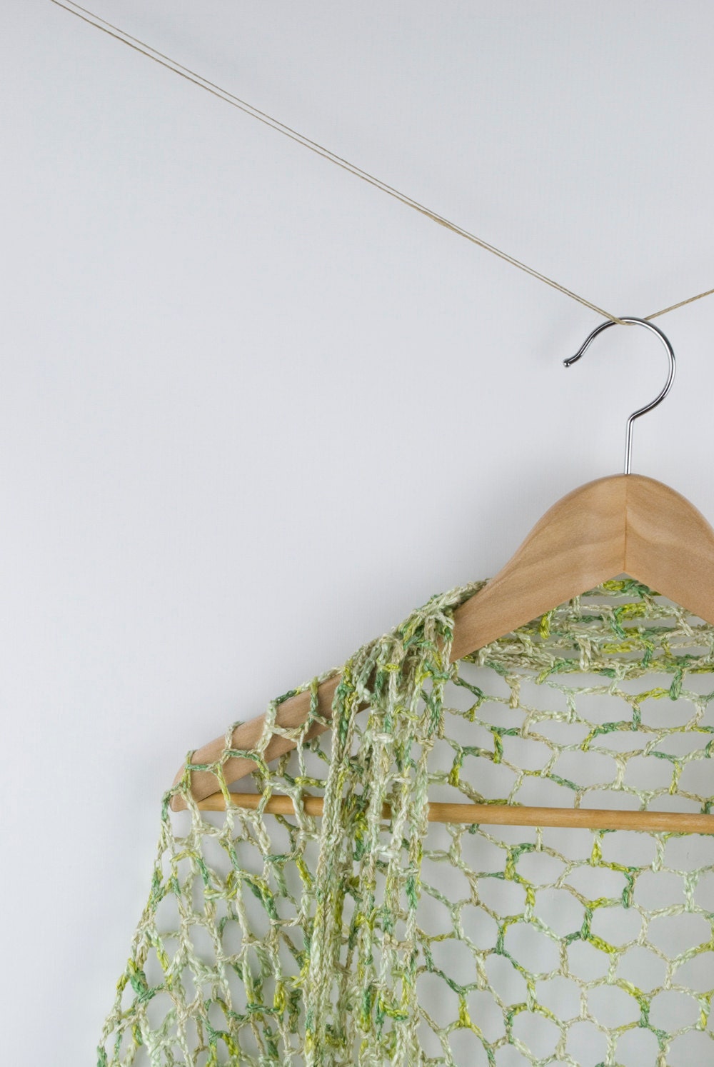 crochet triangle shawl in mix of white  green cream lace light summer shawl  - mix of viscose,linen and acrylic