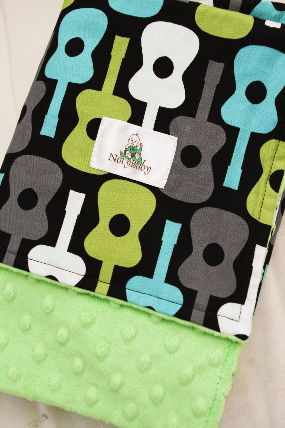 Baby Stroller Blanket -- Groovy Guitars in Lagoon with Lime Minky Dot -- MADE TO ORDER