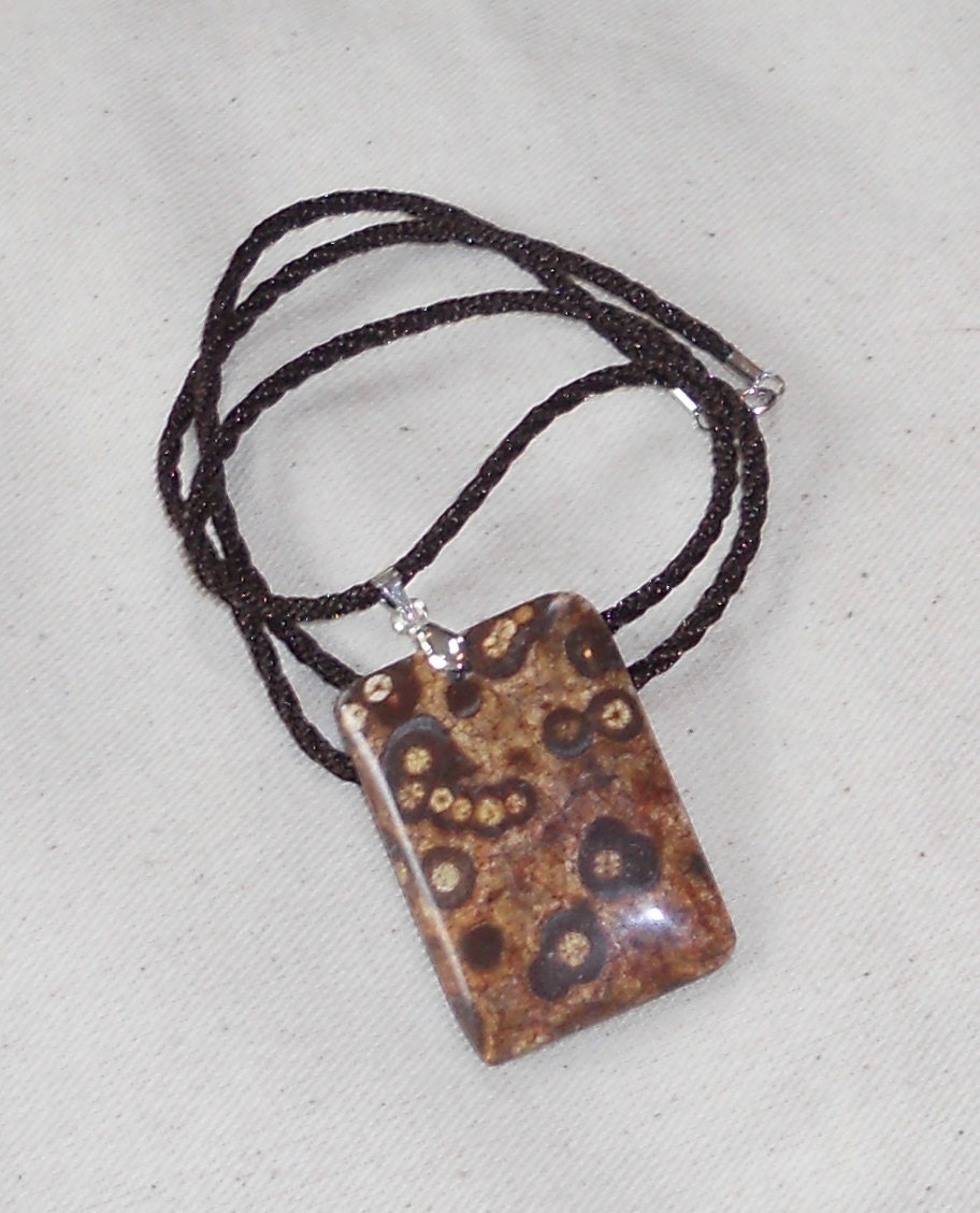 Brown malachite with chrysocolla pendant necklace on braided silk cord packaged in a colorful gauze gift bag 522