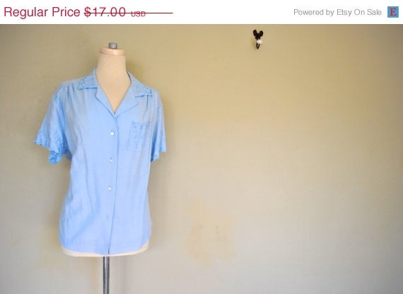 CLEARANCE  1960s Light Blue Sleep Shirt - Pajama Top - Delicate Cotton Embroidered Shirt