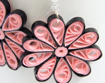 Large Pink Flower Earrings - Paper Quilled Unique Handmade Eco Friendly Jewelry, Artisan Jewelry