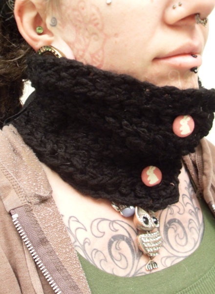 Black Crochet Neck Warmer with Pink Bunny Buttons
