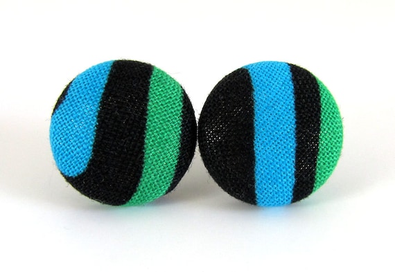 Dark green bright blue black button earrings studs fabric posts