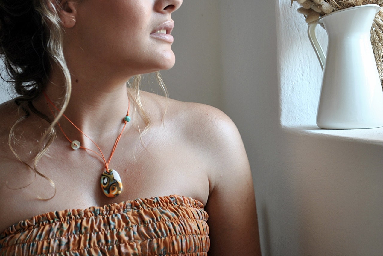 Oval pendant- Abstract design- Whismical boho- topological curves- Orange- under 25