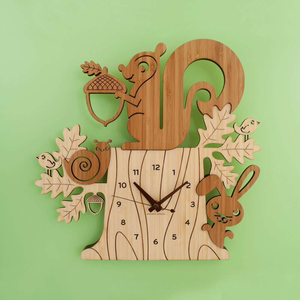 Squirrel Clock: Bamboo Woodland Animal Kids Clock Modern Nursery