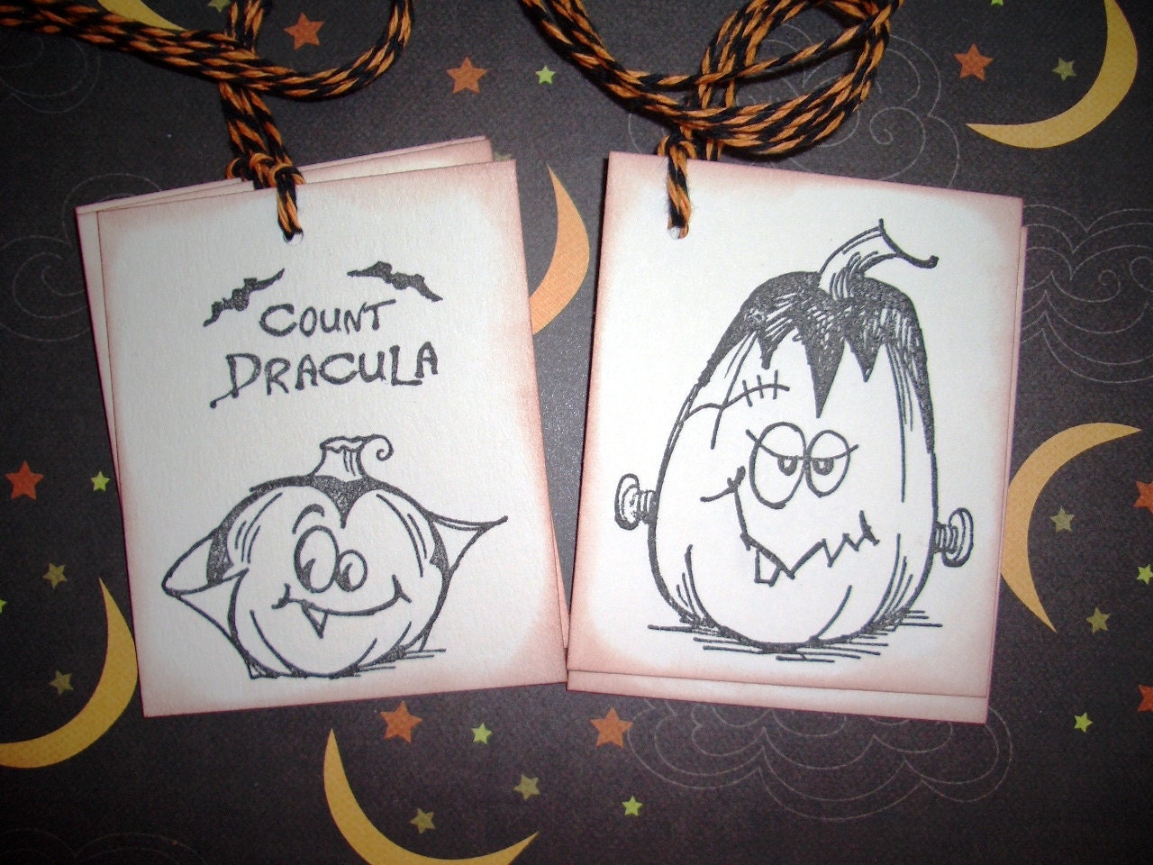 Halloween Tags - Assortment  -  Frankenstein Pumpkin Count Dracula Pumpkin - Jack-o-lanterns Handstamped - Wish Tree Tags - Set of Six