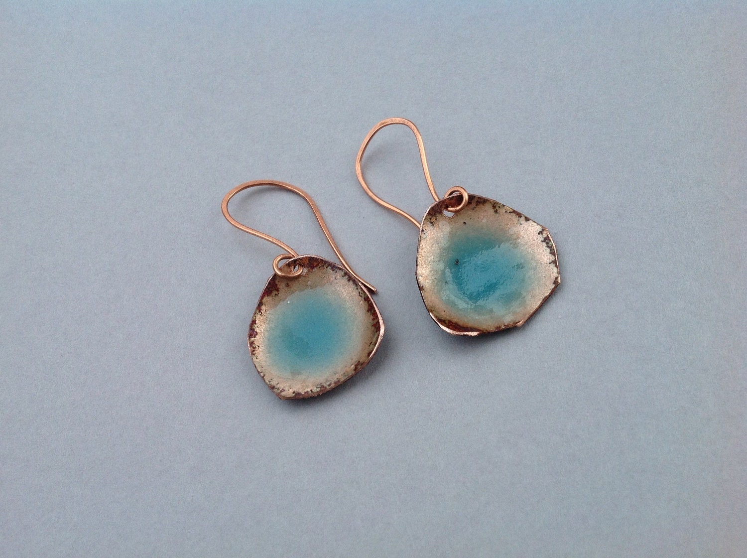 Copper enameled earrings with ocean blue