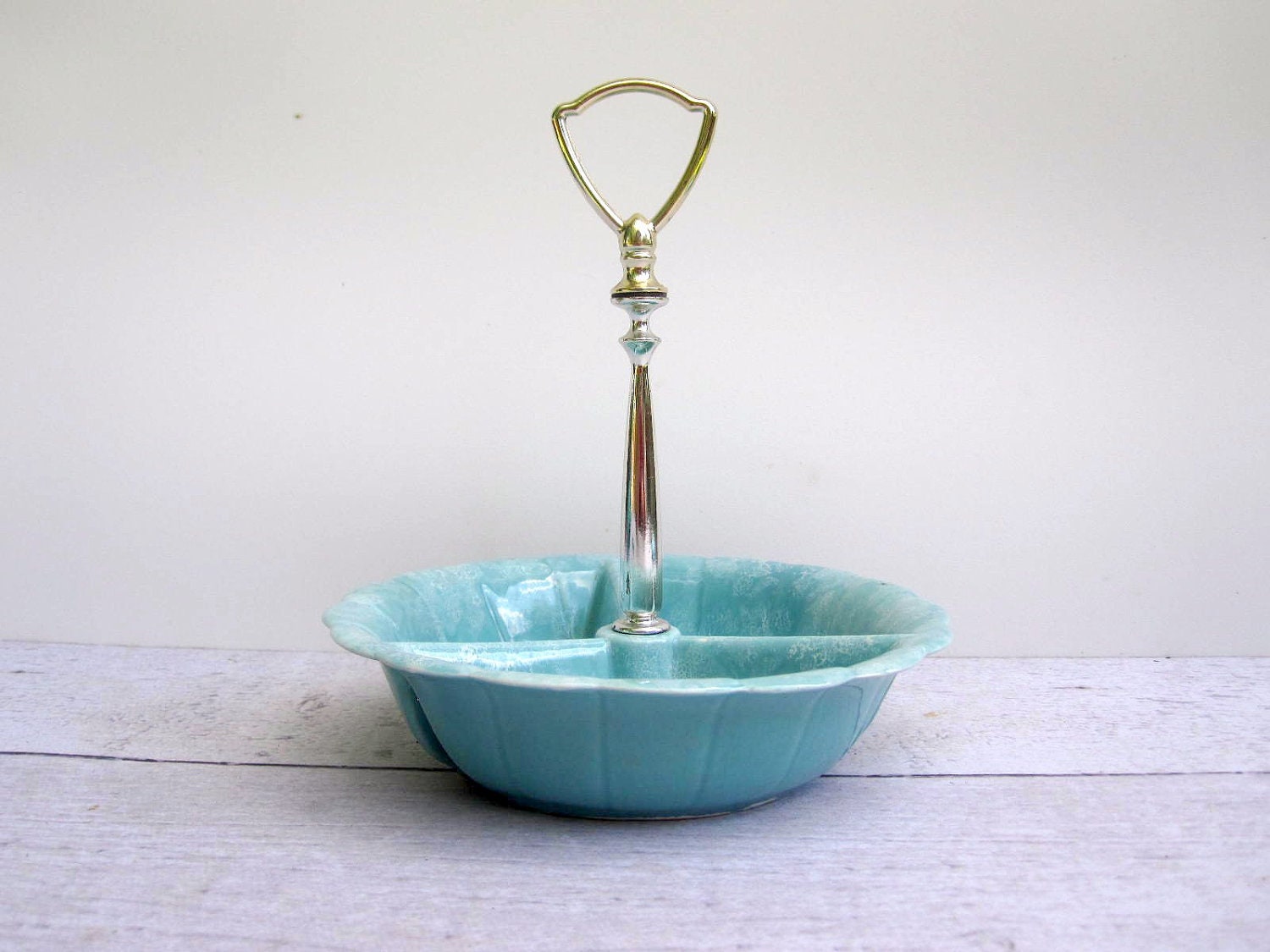 Aqua Blue Divided Dish - 3 Sectioned Nut Dish or Candy Dish with Silver Handle