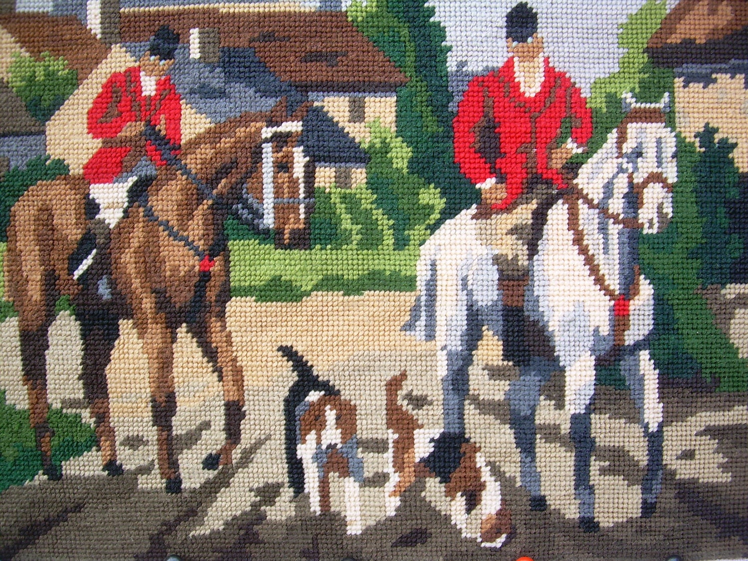 vintage needlepoint tapestry, hunting horses dogs, France Paris
