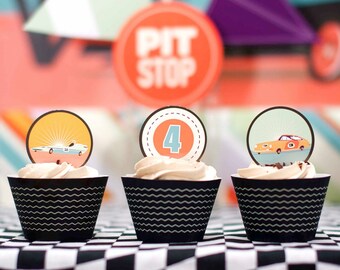 Vintage Race Car Birthday Party Circle Decals (2") from the Vintage Race Car DIY Printable Collection by Spaceships and Laser Beams