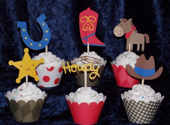 12 Cowboy Cow Boy Cowgirl Cow Girl Themed Paper Pieced Cupcake Toppers ... choose color & combination ... red brown yellow blue Il_570xn