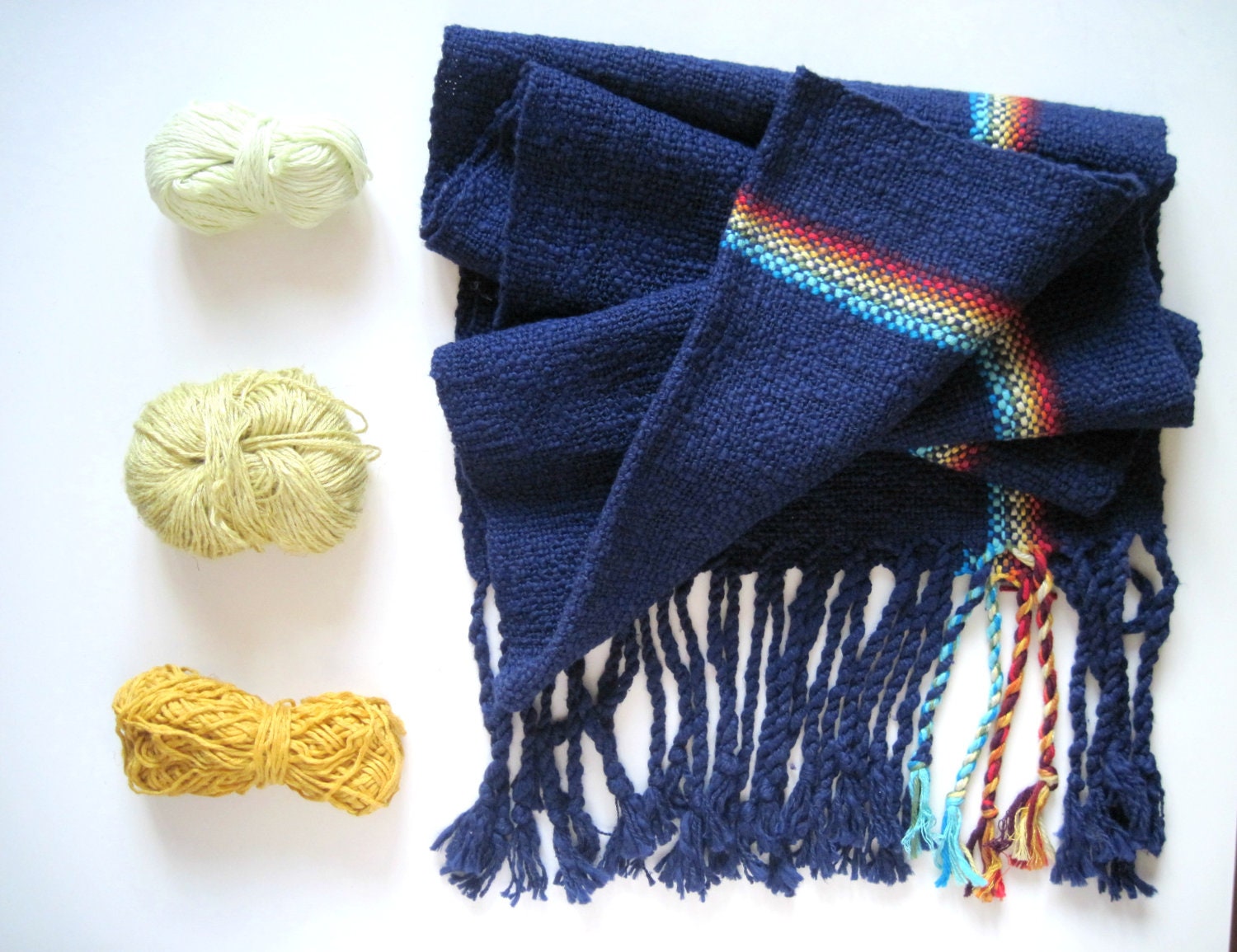 Navy Handwoven Scarf - cotton with rainbow detail titled 'Chakras in the Dark' Fall Accessory