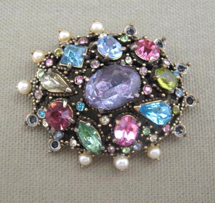 Pastels Cluster Rhinestone Brooch Signed 1951 Hollycraft Minor Repair