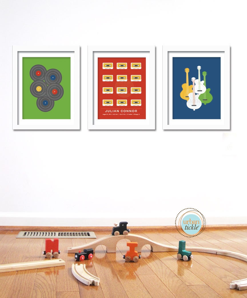 Nursery Prints, Music and Me, LP Tape and Guiyar, 8.5X11 Inches, Set of 3, Baby Room idea, Play room, birth announcement, Kids room