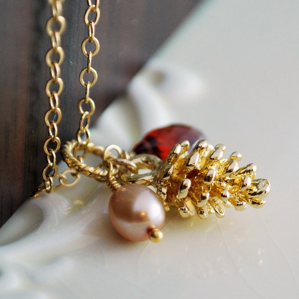 Fall Pinecone Necklace Bridesmaid Wedding Genuine Garnet Taupe Freshwater Pearl Pine Cone Gold Autumn Gold Jewelry Complimentary Shipping